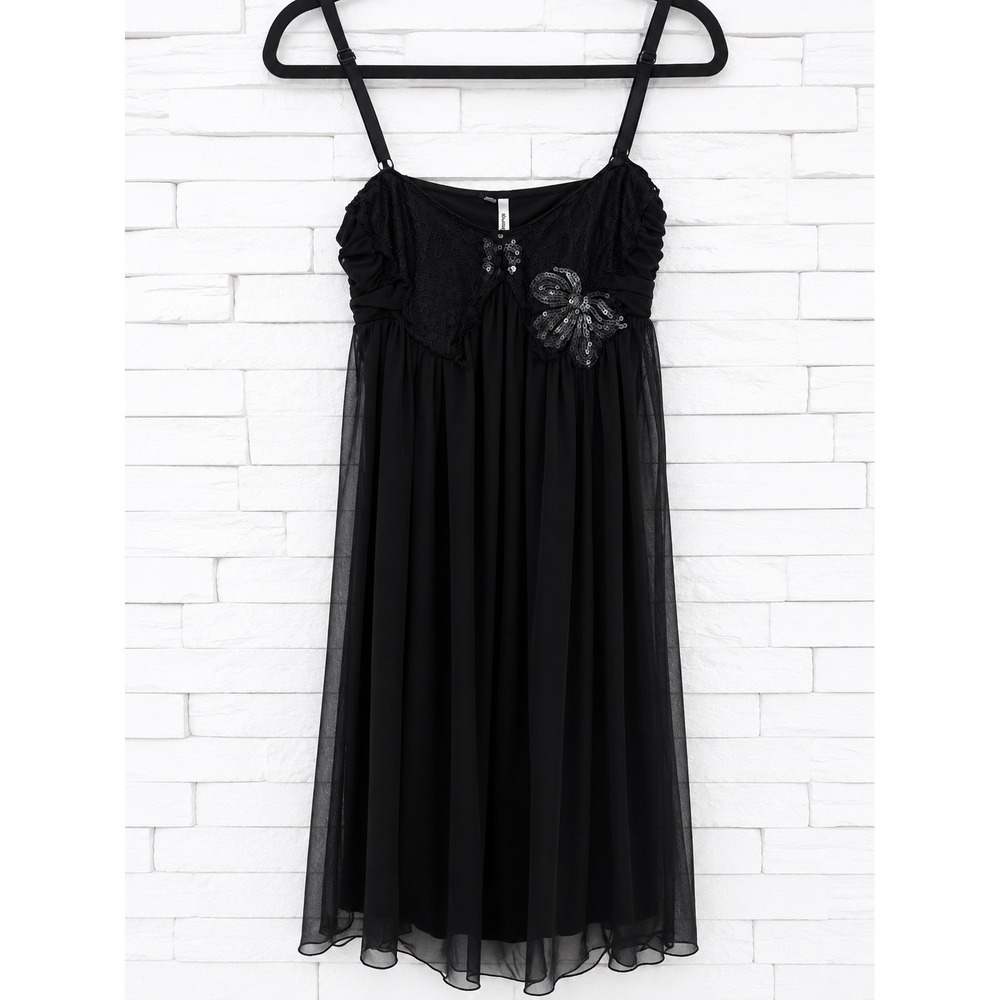 Studio Y Black Chiffon Babydoll Dress Sequin Butterfly Lace Trim Small
